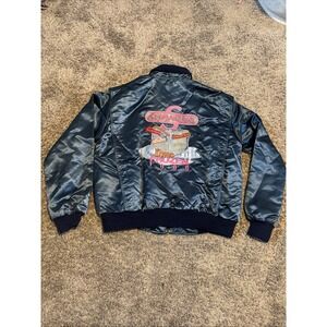 Vintage 80's Swansons Food Grocery Store Blue satin Bomber Jacket Size XL